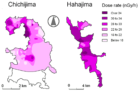Figure 2  Maps showing environmental gamma-ray dose rates in Chichijima and Hahajima 
